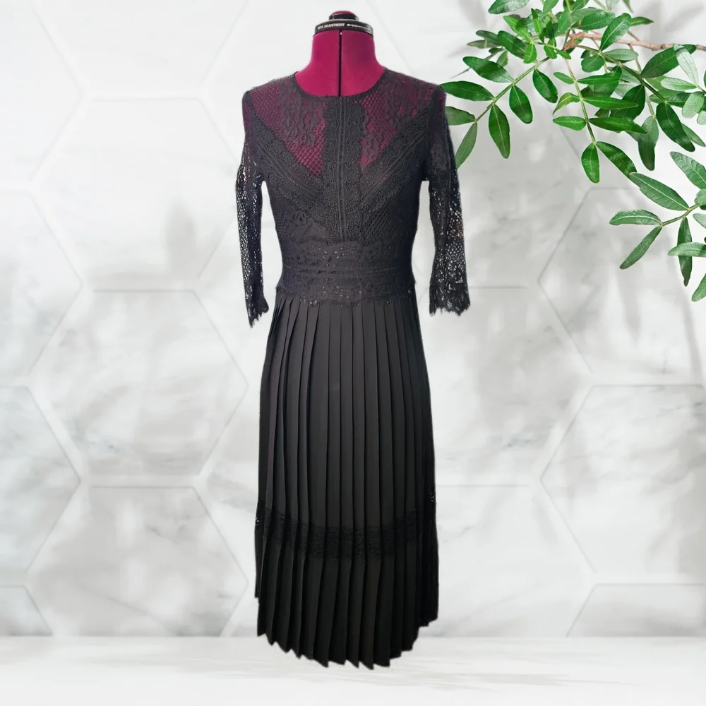 Zara Basic Black Lace Pleated Midi Dress 3/4 Sleeves Sheer Back Zara Basic Black Lace Pleated Midi Dress 3/4 Sleeves Sheer Back